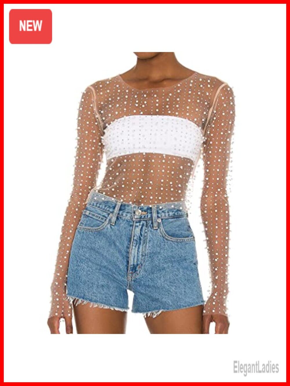 LOFAAC Women See Through Pearl Rhinestone Beaded Sheer Mesh Crop Top Long